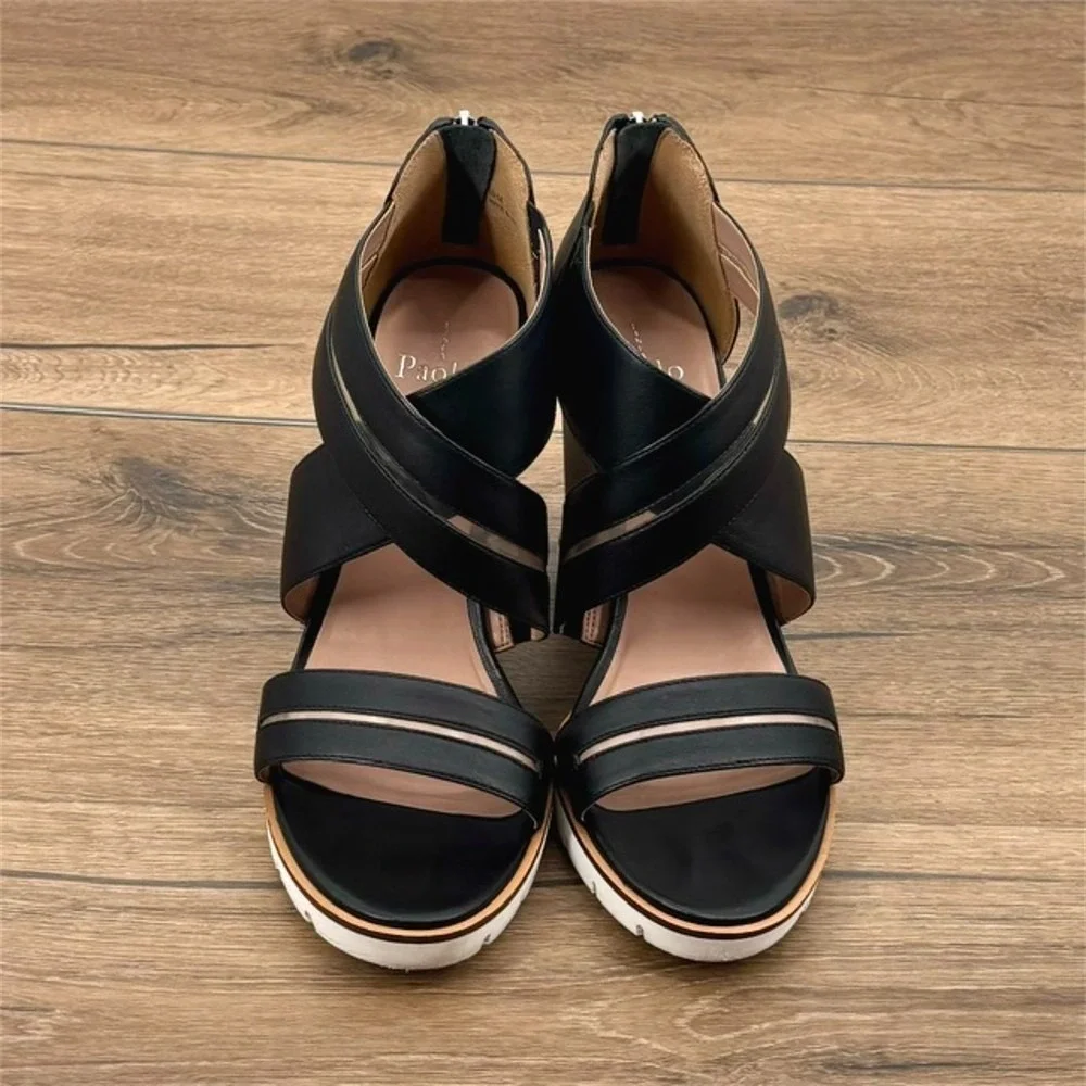 Linea Paolo Women's Size 10 Black Leather Wedge Sandals Strappy‎ Zip Comfort